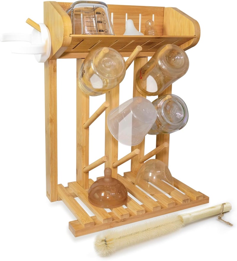 AKS B2C Bamboo Baby Bottle Drying Rack, Vertical Space Saving Kitchen Organizer, 9 Bottle Capacity, Countertop Storage Holder and Bottle Dryer with Draining Base (Comes with a Free Cleaning Brush) - Image 1